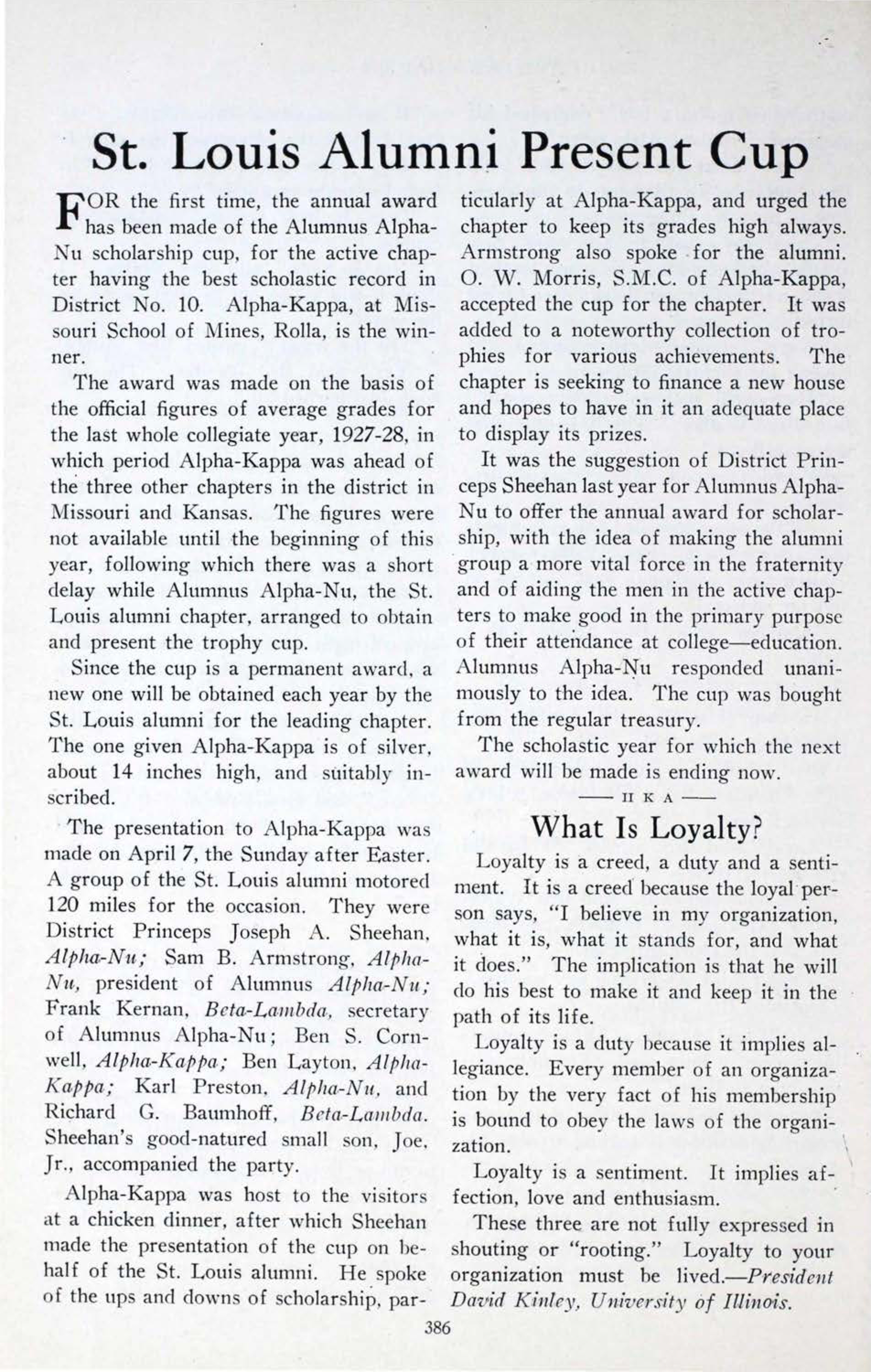 St. Louis Alumni Present Cup, April 1929